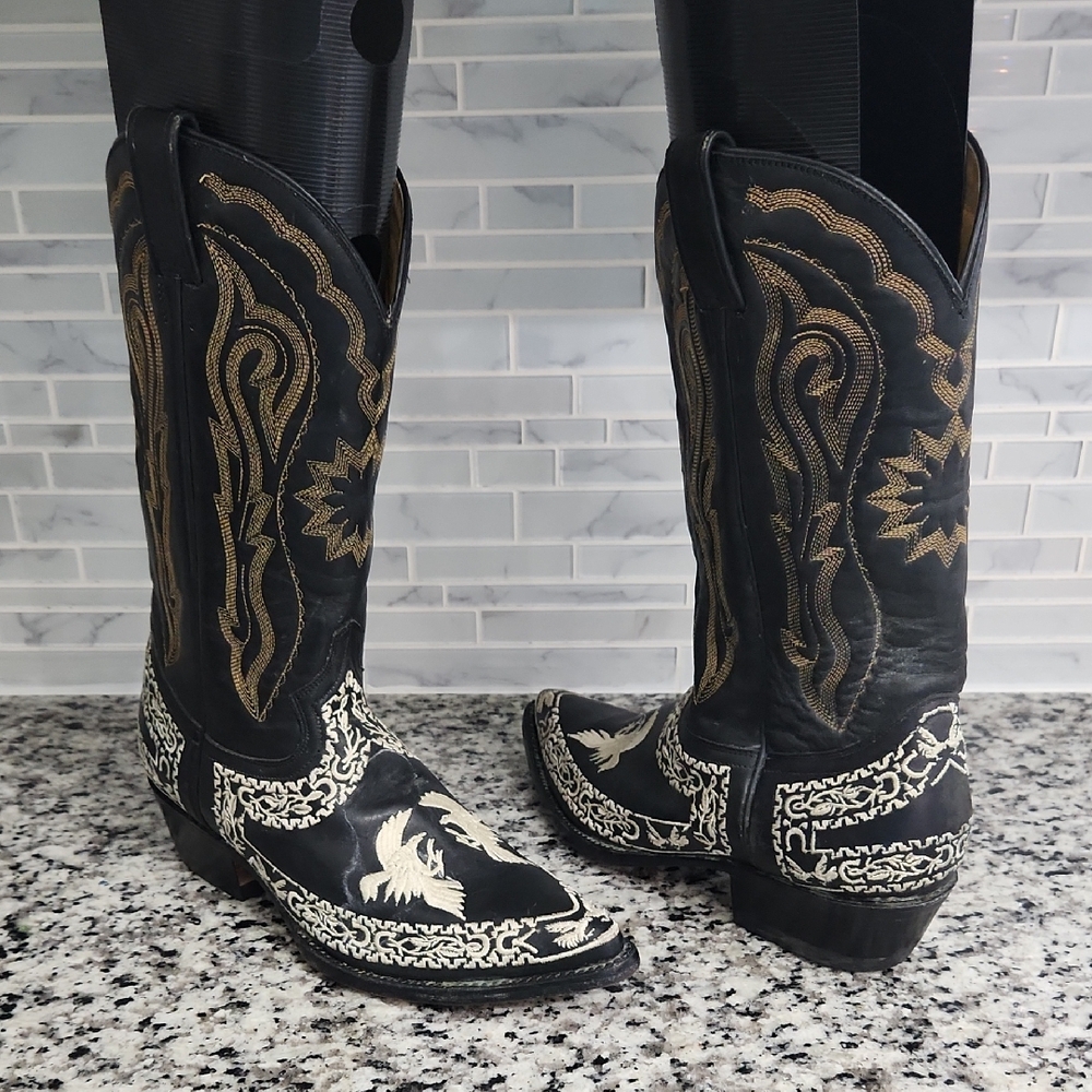 Black Leather Botas Jaca Eagle Stitched Cowboy Boots sz 6.5 EE western